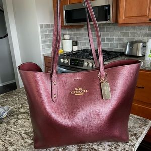 Wine/Gold Pebble Leather Coach Town Tote